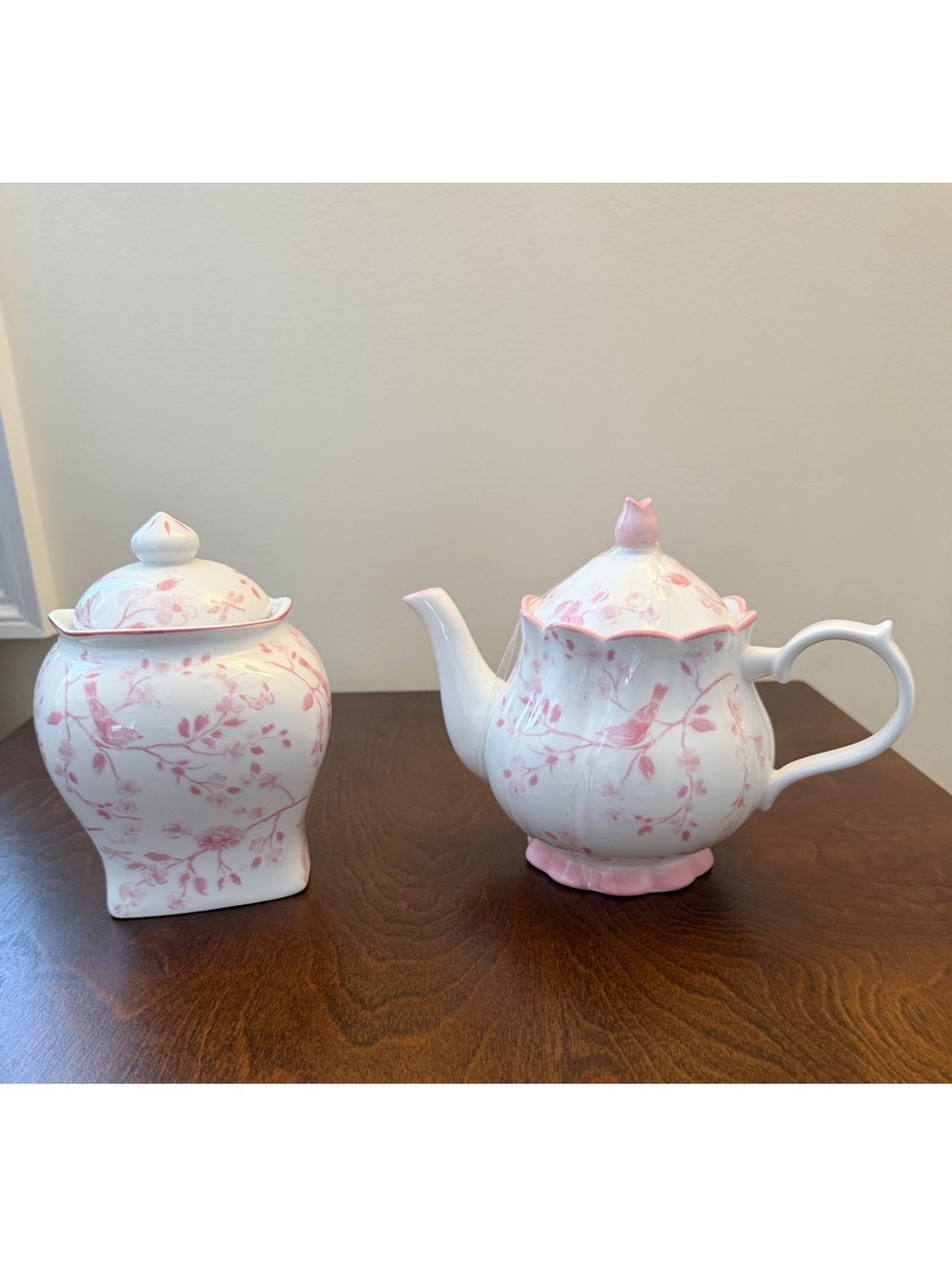 Vintage Style Pink Floral Porcelain Teapot and Tea Caddy Set